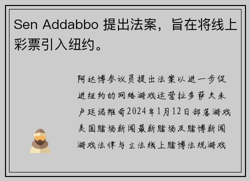 Sen Addabbo 提出法案，旨在将线上彩票引入纽约。